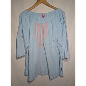 Woman Within Womens Crinkle Blouse Shirt Sz‎ 2X Embroidered Floral Blue Boho
